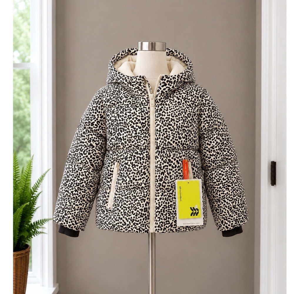 All in Motion Girls Leopard Print Heavyweight Puffer Jacket XS 4/5 Off-White